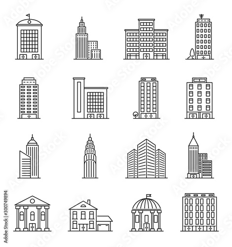 Line buildings. Modern silhouette skyscrapers, industrial estate city. Architecture and futuristic townhouse linear icon vector set. Building house architecture linear, urban skyscraper illustration