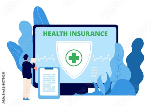Health insurance. Healthcare business vector concept. Man takes out health insurance online. Illustration healthcare insurance, business health protection