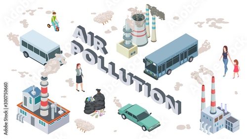 Air pollution concept. Chemical pollutants vehicle polluted air. Isometric people and plants vector illustration. Pollution problem, garbage and harm