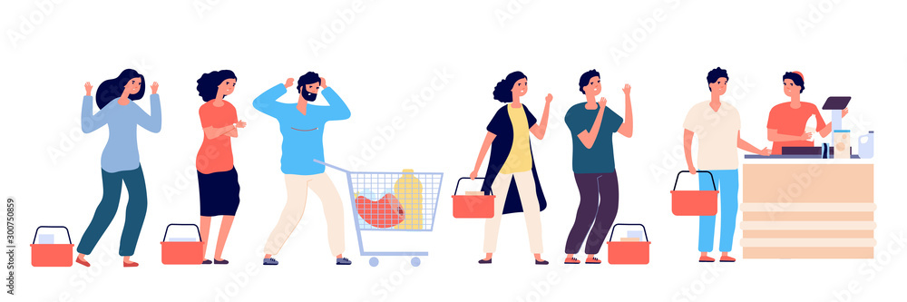 Angry people queue. Dissatisfied and tired customers standing in supermarket line, scream and swear by purchasing. Vector concept. Illustration people queue angry, customer hysteria Angry people queue. Dissatisfied and tired customers standing in supermarket line, scream and swear by purchasing. Vector concept. Illustration people queue angry, customer hysteria