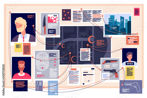 Detective board. Investigation dashboard with pinned photos, newspapers and note. Detectives evidence, research scheme vector concept. Illustration of crime detective, investigation and search