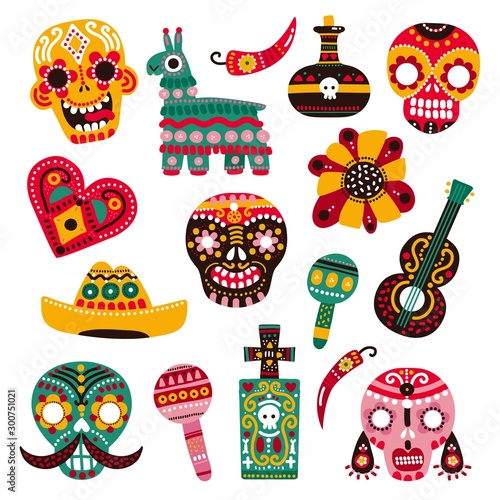 Day of dead. Decorative skulls, guitar and sombrero, llama and hot pepper, heart and grave. Mexican dia de los muertos vector set. Illustration mexican skull, mexico festival holiday