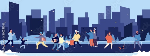 Winter walking. Happy people walking in downtown vector illustration. Flat men women child pets on street and skyscrapers silhouettes. Winter with people. Winter woman and man outerwear xmas seasonal