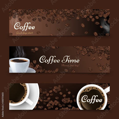 Coffee background. Realistic coffee top view, vector white cup of drink. Roasted beans. Cafe bar restaurant banners template. Illustration aroma coffee, top cup poster card for restaurant cafeteria