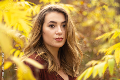 Beautiful young girl model in nature surrounded by yellow leafs in autumn