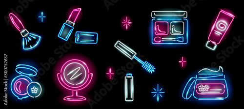 Set of neon cosmetics icons on black background: mascara, eyeshadow, powder, mirror, jar of cream, lipstick, tube, brush. Makeup, fashion, beauty, girl, lady, woman concept. Vector 10 EPS illustration