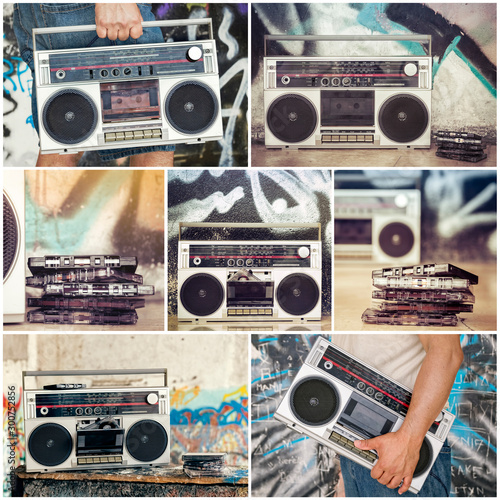 Collage with photos of a vintage boom box on a grunge background with graffiti. The cassettes are stacked with an old ghetto blaster. A person carries a boombox cassette. Music of the past. Old School