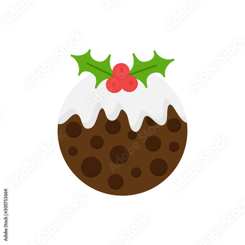 Christmas pudding vector round illustration icon. Seasonal, festive, traditional holiday dessert with cream on top and holly, mistletoe decoration. Isolated cartoon graphic.