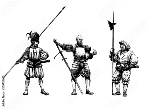 Medieval warriors after the battle. Mercenary illustration. Historical Illustration set. photo