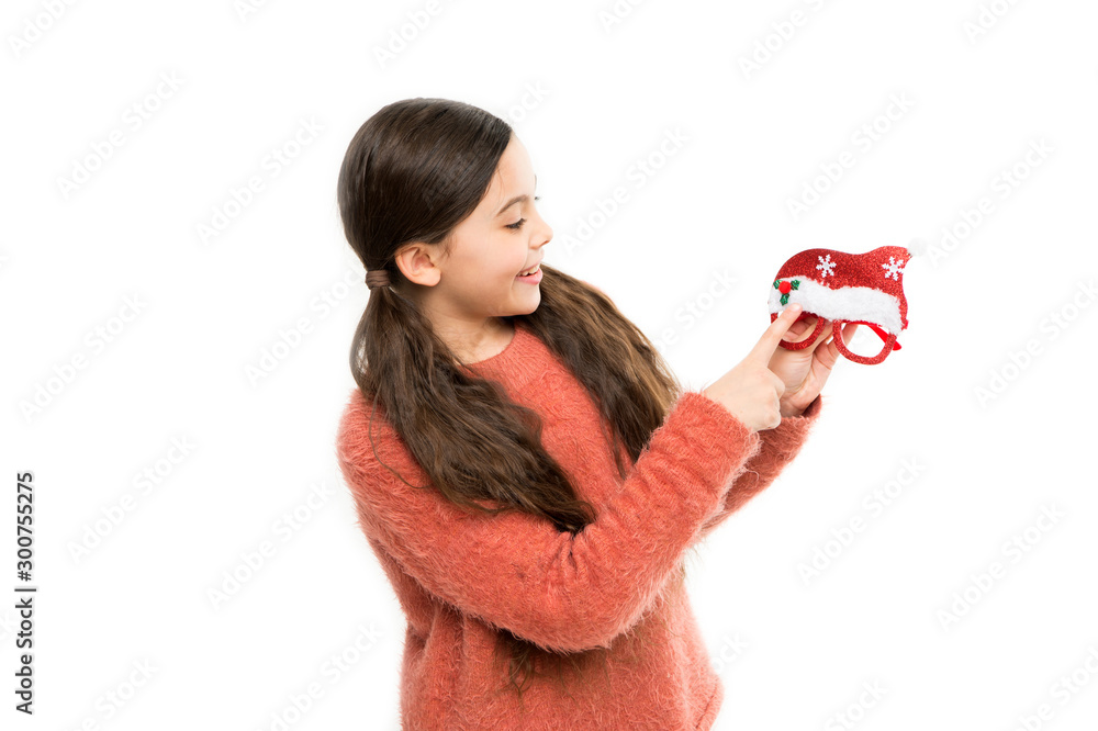 Funny accessory. Christmas holiday. Eyeglasses for Santa Claus. Christmas celebration. Girl cute child play with photo booth props. Child hold christmas party accessory. Cheerful mood. Winter style Funny accessory. Christmas holiday. Eyeglasses for Santa Claus. Christmas celebration. Girl cute child play with photo booth props. Child hold christmas party accessory. Cheerful mood. Winter style