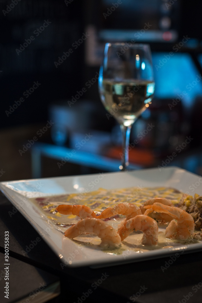sea food cooking with prawns, sushimi and wine sea food cooking with prawns, sushimi and wine