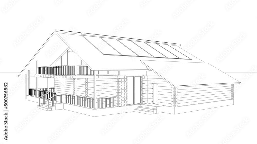 exterior of a country house, cottage, contour visualization, 3D illustration, sketch, outline