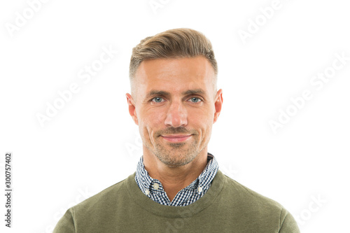 Facial care and ageing. Attractive mature man kindly smiling portrait isolated on white background. Mature guy with grey hair and bristle. Men get more attractive with age. Beauty of mature face