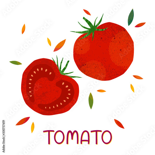 Isolated tomatoes: whole tomato and half sliced on a white background.Seasonal farm products.Healthy nutrition.Agricultural fair.Harvest season..Hand drawn vector illustration.