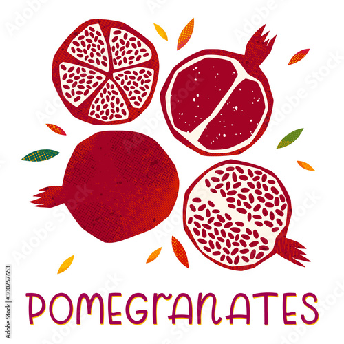 Isolated pomegranates: whole fruit and half sliced on a white background.Seasonal farm products.Healthy nutrition.Agricultural fair.Harvest season..Hand drawn vector illustrations.