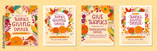 Bundle of Thanksgiving dinner templates with pumpkins,mushrooms,corn,apples,figs,wheat,plants,leaves,berries and floral elements.Holiday invitations design.Trendy autumn vector illustrations.