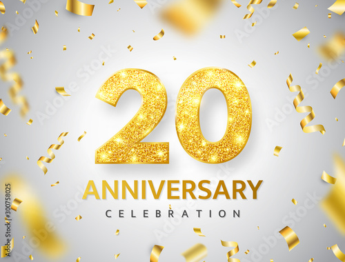 20th anniversary celebration. Gold numbers with glitter gold confetti, serpentine. Festive background. Decoration for party event. Tenth year jubilee celebration. Vector illustration