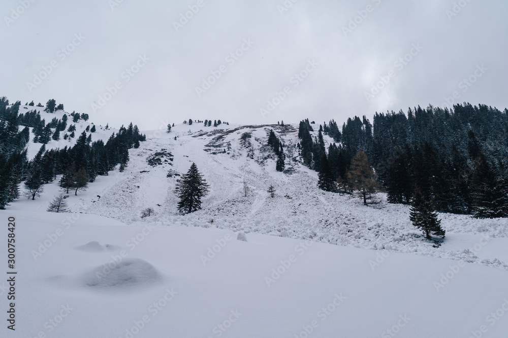 An alpine snow slope with a fallen avalanche. Big mass of snow falling down a mountain.