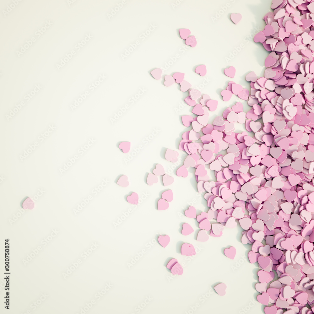 3D rendering of scatterd pink hearts on a white surface with lots of copy space