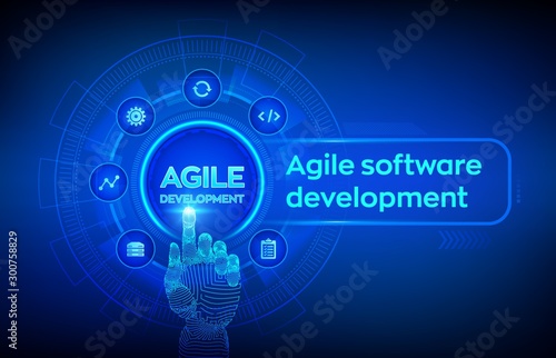 Agile software development methodology concept on virtual screen. Digital technology, big data concept. Flexible developing process. Robotic hand touching digital interface. Vector illustration.