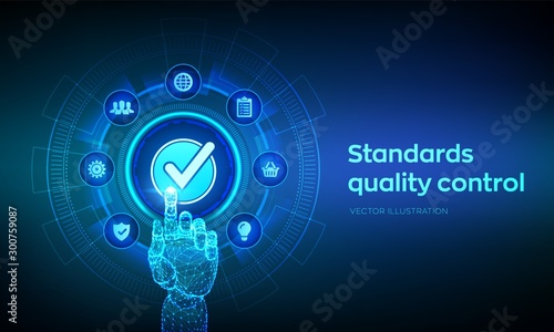 ISO standards quality control assurance warranty business technology concept. ISO standardization certification industry service concept. Robotic hand touching digital interface. Vector illustration.