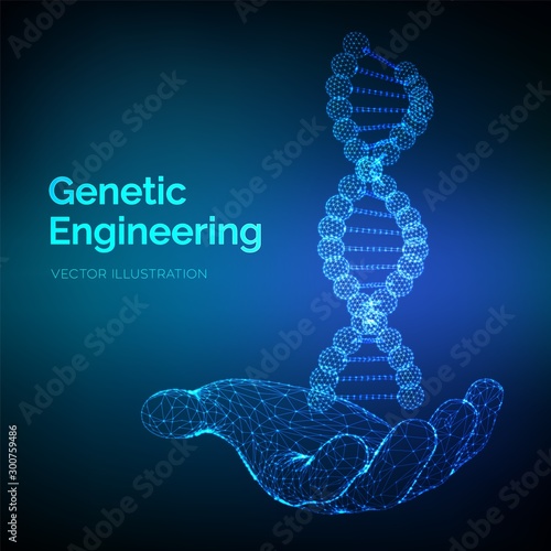 DNA sequence in hand. Wireframe DNA molecules structure mesh. DNA code editable template. Science and Technology concept. Vector illustration.
