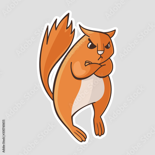cartoon orange squirrel is very angry. Vector sticker, illustration