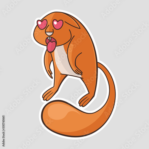 Cartoon squirrel with a face in love, hearts in the eyes and tongue sticking out. Vector sticker, illustration