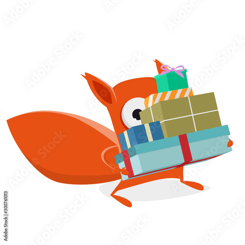funny cartoon squirrel with christmas gifts