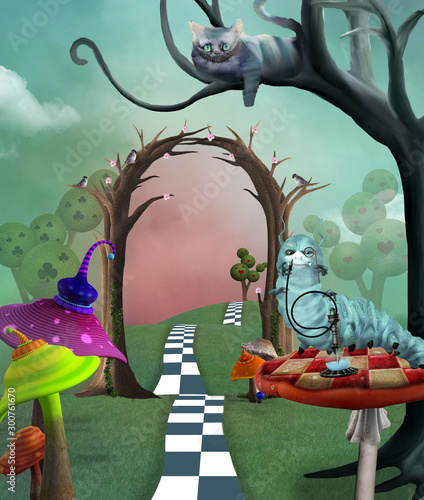 Surreal countryside landscape inspired by Alice in Wonderland fairytale