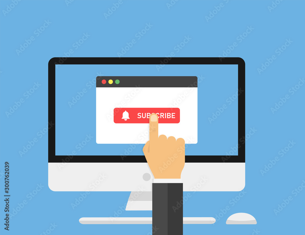 Computer with browser window with button subscribe. Hand point on button subscribe. Social media element. Vector web element. Social media channel. Online subscribe vector button design. Computer with browser window with button subscribe. Hand point on button subscribe. Social media element. Vector web element. Social media channel. Online subscribe vector button design.