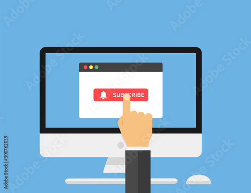 Computer with browser window with button subscribe. Hand point on button subscribe. Social media element. Vector web element. Social media channel. Online subscribe vector button design.
