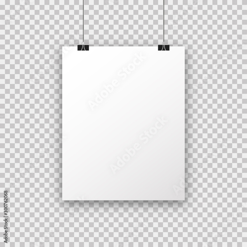 White poster a4 hanging on binder. Poster on transparent background with realistic shadow. Paper mock up. White empty. Realistic isolated vector mockup. Photo frame mockup.