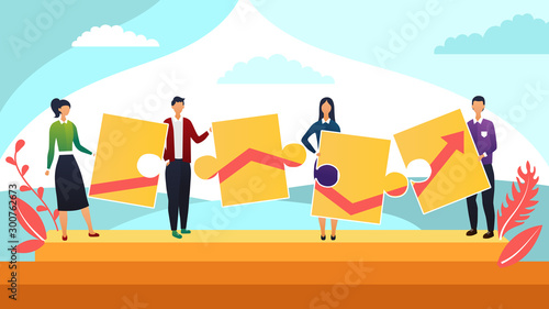 Business people concept. Teamwork puzzle metaphor. People keep puzzles with chart.