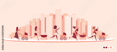 Five young women are walking with their prams and taking selfies. Modern City Skyline.