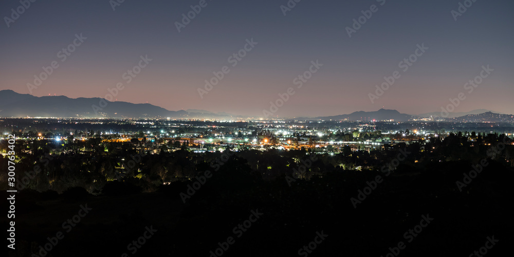 Panoramic predawn San Fernando Valley view from the Santa Susana Mountains in Los Angeles, California.  