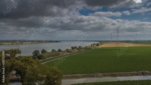 Aerial view of Vila Franca Xira, Lisbon, Portugal. .farmland leziria in river Tagus. Drone photo.