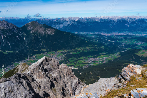 aearial view over stubai valley to innsbruck, tyrol