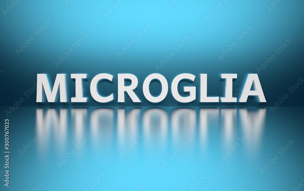 Word Microglia written in bold white letters on blue reflective background. 3d illustration.
