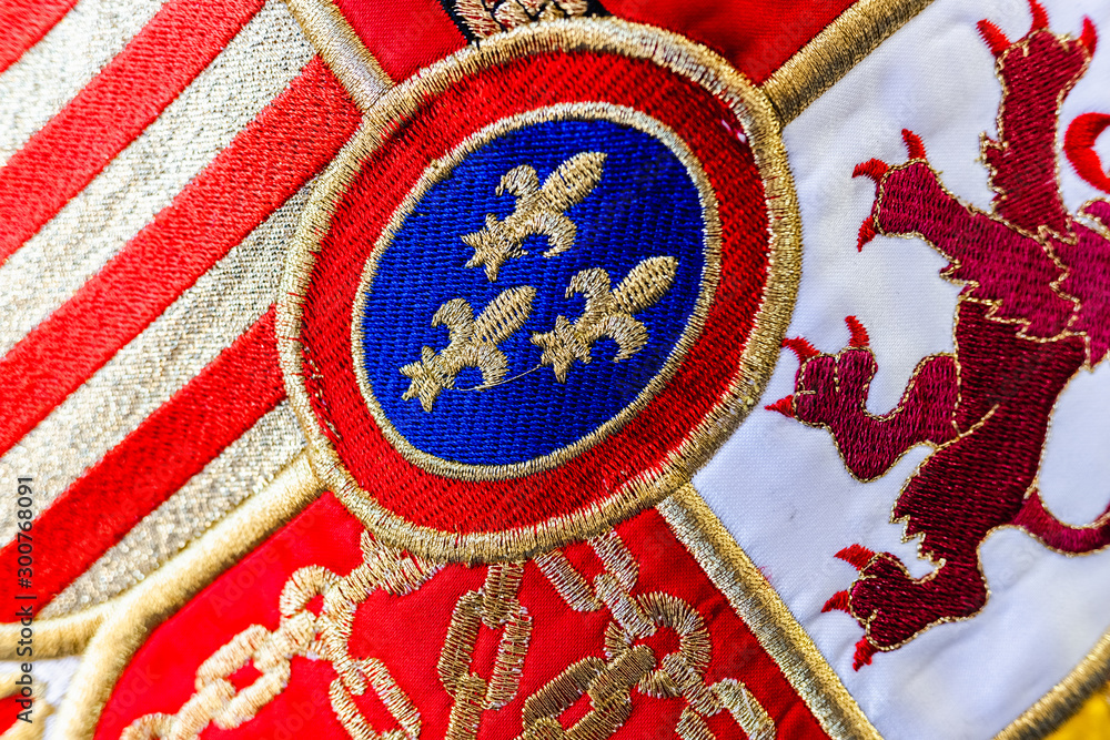 Detail of the historical shield of the national flag of Spain. Detail of the historical shield of the national flag of Spain.