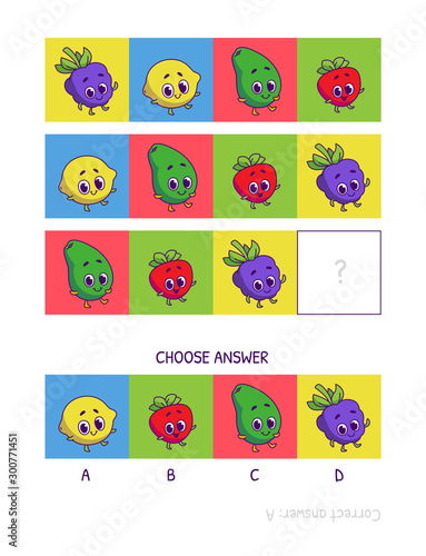 Cute blackberry, lemon, avocado, strawberry . Logic game for children preschool worksheet activity for kids, task for the development of logical thinking and mind. Funny cartoon fruits and vegetables.