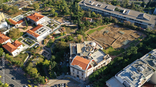 Aerial drone photo of Byzantine And Christian Museum next to archaeological site of the Lyceum of Aristotle in the heart of Athens, Attica, Greece