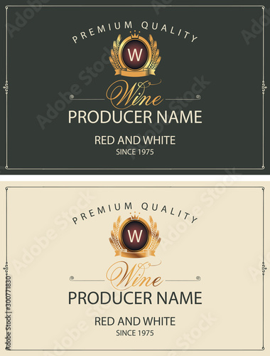 Set of two vector labels for red and white wine with golden coat of arms, crowns and calligraphic inscriptions in retro style