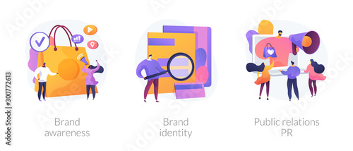 Commercial advertising service, company recognition, public relations management icons set. Brand awareness, brand identity, pr metaphors. Vector isolated concept metaphor illustrations