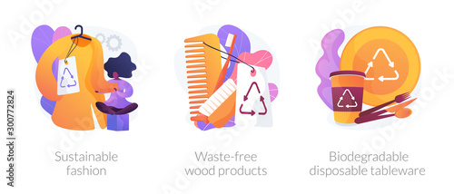 Ecological integrity, eco friendly innovations icons set. Sustainable fashion, waste-free wood products, biodegradable disposable tableware metaphors. Vector isolated concept metaphor illustrations