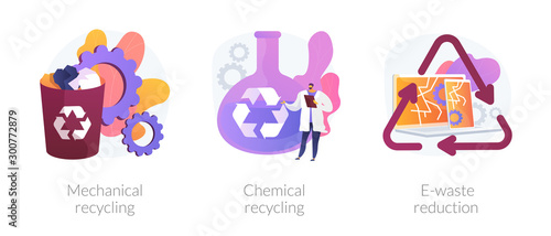 Waste management methods, pollution prevention, obsolete devices disposal. Mechanical recycling, chemical recycling, e-waste reduction metaphors. Vector isolated concept metaphor illustrations