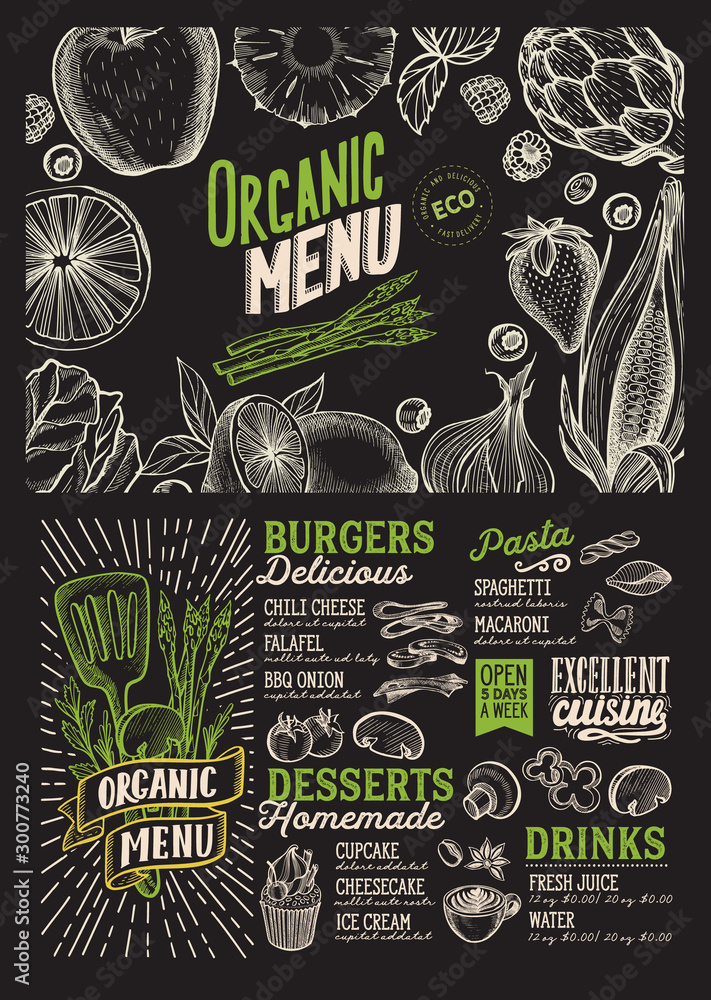 Vegan menu food template for restaurant with doodle hand-drawn graphic. - obrazy, fototapety, plakaty 