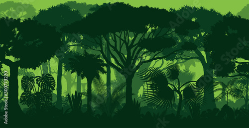 Vector horizontal seamless tropical rainforest Jungle forest background	