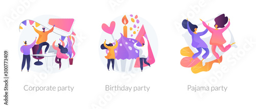 Office celebration, anniversary congratulations, girlfriends sleepover icons set. Corporate party, birthday party, pajama party metaphors. Vector isolated concept metaphor illustrations