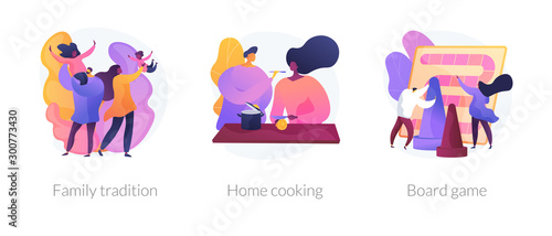 Relatives bonding, homemade food preparation, entertainment activity icons set. Family tradition, home cooking, board game metaphors. Vector isolated concept metaphor illustrations